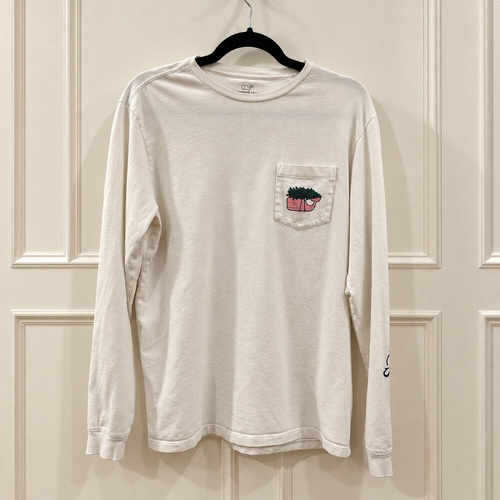 {Vineyard Vines} white Christmas tree whale long-sleeve pocket t-shirt, S